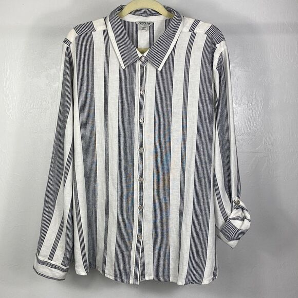 Orvis white & gray striped linen blend button down shirt size XXL - Picture 1 of 10